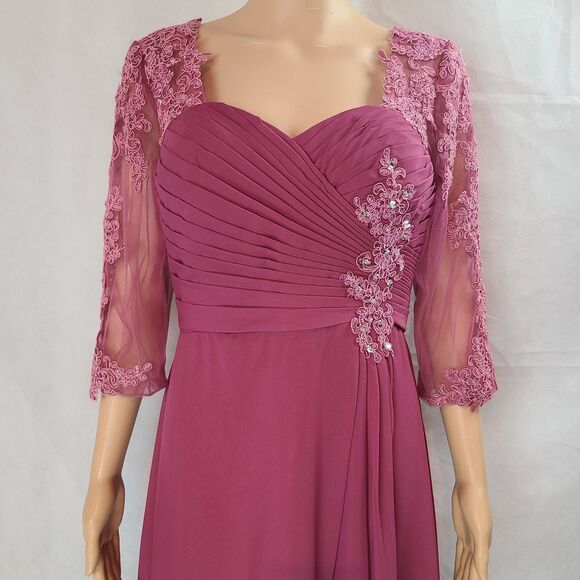 New Mother of the Bride (10) Dark Rose Lace/Chiffon Pleat Half Sleeve Maxi Dress - Picture 3 of 13